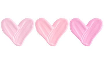 Set of hearts from liquid lipstick in pink and lavender pastel colours isolated on white background. Cosmetic product swatch