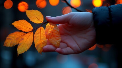 Gentle touch of autumn: Hand holding vibrant orange leaves - Powered by Adobe