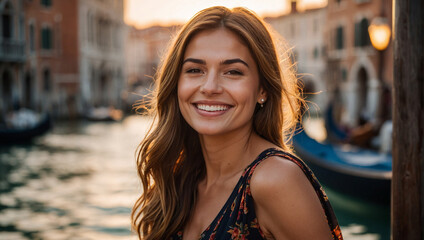 Bella donna in vacanza in Italia a Venezia posa per una foto al tramonto vicino ad un canale