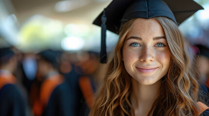 beautiful young smiling woman university graduate in gown and master's cap, university background, portrait, master, bachelor, college, institute, education, knowledge, expert, academic degree - obrazy, fototapety, plakaty