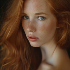 Close-up portrait of a beautiful red-haired girl with freckles on her face