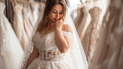 Naklejka premium An introspective plus-size bride is contemplating her perfect lace wedding dress in a bridal boutique..