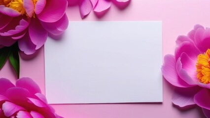 White sheet or card on a light table, surrounded by large pink peony flowers. Template for a congratulation or cover. Top view, copy space