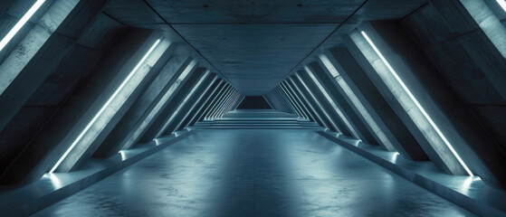 Concrete underground tunnel background, modern corridor with sloped walls and led light,...