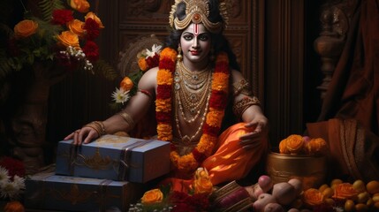 Fototapeta na wymiar Statue of Hindu God Surrounded by Flowers