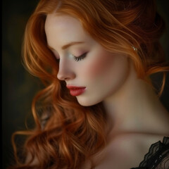 Fototapeta premium Close-up portrait of a beautiful red-haired girl with freckles on her face