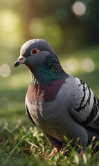 Obraz premium A lone pigeon, strolling across the forest lawn.