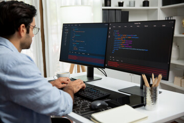 Smart IT developer working software development coding with creating application program update...