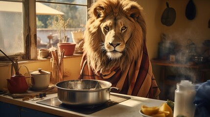 Surreal portrait of a lion in the kitchen