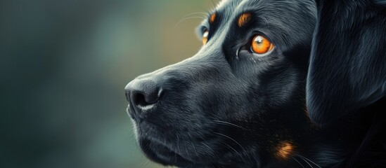 A captivating photograph of a black dog with orange eyes, mysteriously gazing away, unveils an unseen mystery.