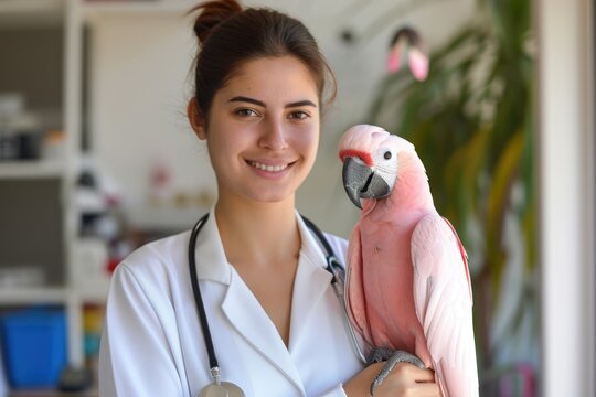 A smiling female veterinarian in a white coat holds a pink cockatoo in a modern veterinary clinic environment..