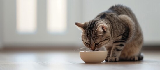 Naklejka na ściany i meble Adorable domestic cat eating from ceramic bowl on the floor at home