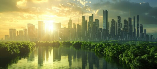 Fototapeta premium This photo showcases a sustainable city with a river in front, embracing the concept of renewable energy.