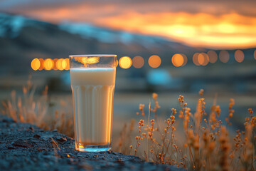 Milk in a glass on the background of the setting sun.