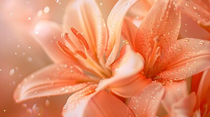 Trendy peach Fuzz lily flower background, close up. Concept color of the year 2024 Peach Fuzz. macro apricot flower creative background.
