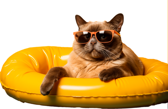 Siamese cat on a round yellow inflatable wearing sunglasses, studio shot. Summertime concept. Generative AI.