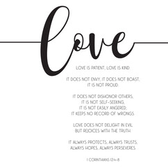 Love Bible Verse print art, Love is patient, love is kind, love card, vector illustration