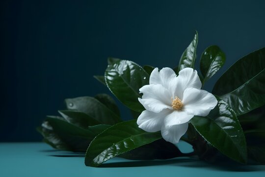 White flower and green leaves on blue and gray background. , .highly detailed,   cinematic shot   photo taken by sony   incredibly detailed, sharpen details   highly realistic   professional photograp
