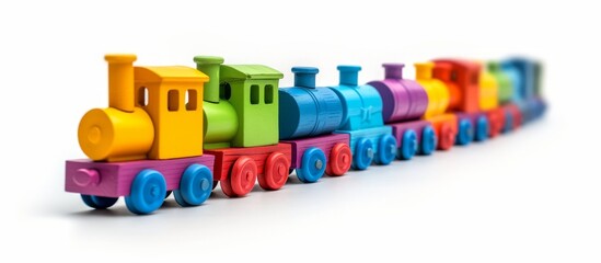 A row of colorful toy trains in electric blue and magenta hues are lined up on a white background, showcasing different modes of transport and engineering in rolling stock