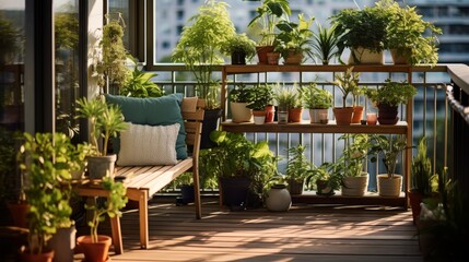 Fototapeta na wymiar Balcony With Potted Plants and Table