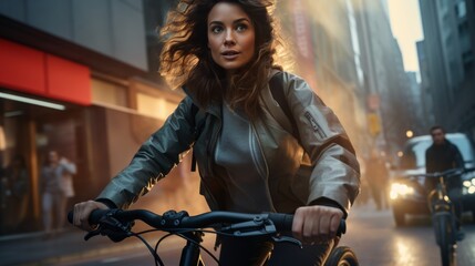 Fototapeta na wymiar Woman Riding a Bike Down a Street at Night