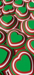 pattern with tricolor hearts,  national colors, red, white and green, Italian, Bulgarian, Algerian, Lebanese,  Hungarian, Portuguese and  Mexican flag colors.3D render