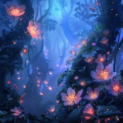 Fototapeta na wymiar Pixie hollow in twilight wonder and joy glowing flowers