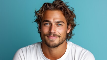 Fototapeta na wymiar Smiling Young Man With Wavy Hair Against Blue Background