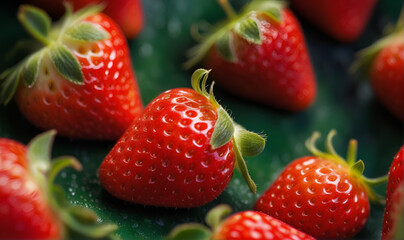 Ripe juicy strawberries, scattered chaotically on the background of strawberry leaves