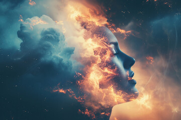 Burnout at work concept, a woman's head surrounded by smoke and flames, depicting the stress she's enduring at work - obrazy, fototapety, plakaty