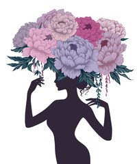 Illustration Silhouette of a woman's head with a flower arrangement. Floral portrait, peonies, leaves, flower arrangement, bouquet on the head. Printmaking style