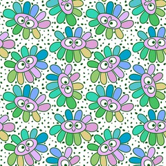Fototapeta na wymiar Cartoon summer retro seamless flower pattern for wrapping paper and fabrics and spring packaging and kids print