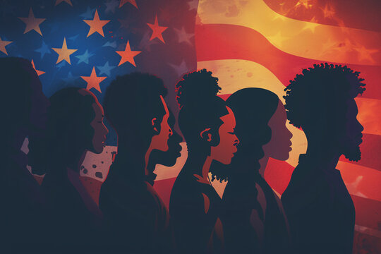 Silhouette of African American voters in front of an American flag, US election year, black voters concept