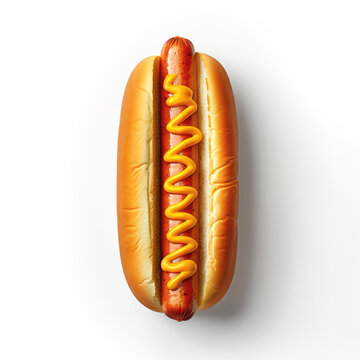 Classic simple hot dog with mustard, isolated on white background. Top view. Traditional American street food. Tasty take-away snack.