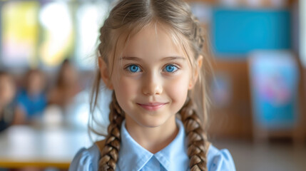 blue-eyed smiling schoolgirl with braids in uniform on the background of a school class, little girl, student, child, kid, children, education, training, study, knowledge, banner, portrait, person - obrazy, fototapety, plakaty