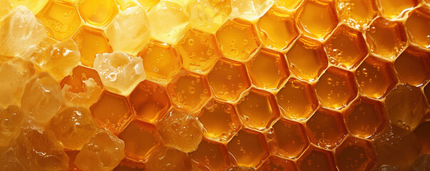 Golden honeycomb background, sweet and healthy natural dessert. Honey production, apiculture. Propolis, bee wax, realistic honeycomb texture, hexagon pattern. - obrazy, fototapety, plakaty