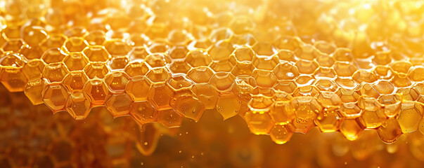 Golden honeycomb background with dripping honey. Sweet and healthy natural dessert. Honey production, apiculture. Propolis, bee wax, realistic honeycomb texture.