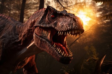 Giant Dino Walking Through Forest, Sunset Scene