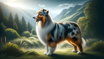 Serene Australian Shepherd in Mountain Landscape, Generative AI
