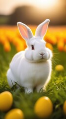 Fototapeta premium Holiday celebration banner with cute Easter bunny with decorated eggs and spring flowers on green spring meadow. Rabbit in landscape. Happy Easter greeting card, banner, festive background.Copy space