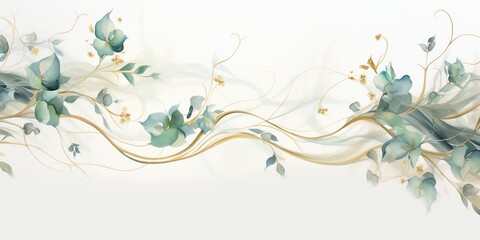 Vibrant Green Watercolor Border on White Wall, Gold and Beige Style