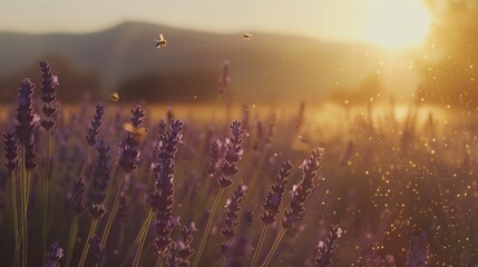 Lavender field at golden hour calming rhythms bees buzzing softly