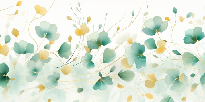 Golden Watercolor Background,  Green Leaves, Soft Lines, Shapes, Light Aquamarine, Golden Hues, Minimal Trees Drawing