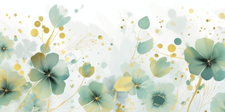 Golden Watercolor Background: Green Leaves, Soft Lines, Shapes, Light Aquamarine, Golden Hues, Minimal Trees Drawing