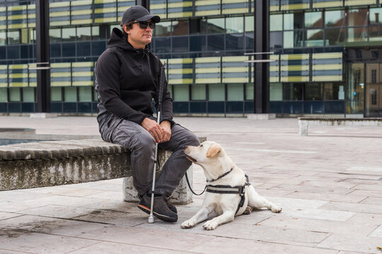 Blind man and his guide dog sitting on the street. Visually impaired people and assistance dogs concept. - Powered by Adobe