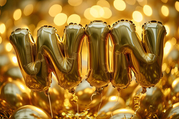 Shiny golden balloons spelling out the word winner, winning concept, contest, competition, prize draw