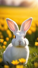 Obraz premium Holiday celebration banner with cute Easter bunny with decorated eggs and spring flowers on green spring meadow. Rabbit in landscape. Happy Easter greeting card, banner, festive background.Copy space