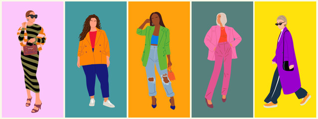 Set of stylish Modern business women. Vector realistic illustration of diverse multinational standing cartoon girls in smart casual office outfit. Isolated on colorful background.