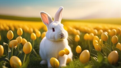 Holiday celebration banner with cute Easter bunny with decorated eggs and spring flowers on green spring meadow. Rabbit in landscape. Happy Easter greeting card, banner, festive background.Copy space