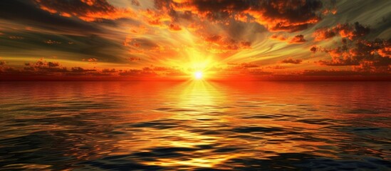 Fototapeta premium This photo showcases a breathtaking sight of a beautiful sunset over the ocean, with clouds adding texture and depth to the scene.